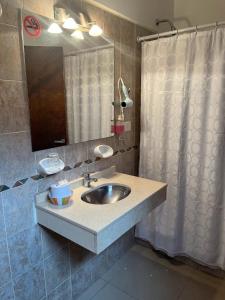 baño con lavabo y cortina de ducha en Gran Hotel Cristal en Córdoba