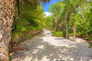 a dirt road with palm trees and a fence at Baybarlyn home in Captiva