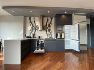 イスタンブールにあるAmazing Big Flat in Taksimのキッチン(白黒の家電製品付)