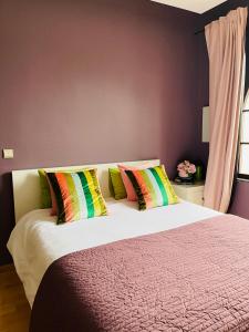 Apartment Easyway to sleep في بروكسل: غرفة نوم مع سرير كبير مع وسائد ملونة