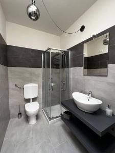 uma casa de banho com um WC, um lavatório e um chuveiro em APPARTAMENTO LENUVOLE em Turim
