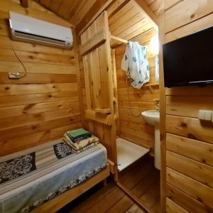 een kleine kamer met een toilet en een televisie in een cabine bij Holiday home Teremki in Gagra