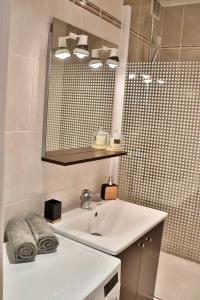 a bathroom with a sink and a mirror and a shower at 'Cap Confession' - Naturiste - Sea View - Beach - Parking -Air Conditionaire in Cap d'Agde +3 photos