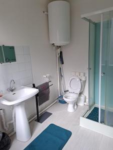 een badkamer met een wastafel, een toilet en een douche bij Vacance solidaire appartement in La Souterraine