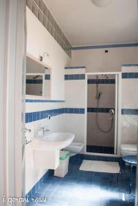 niebiesko-biała łazienka z umywalką i prysznicem w obiekcie I gerani rossi w mieście Paulilatino
