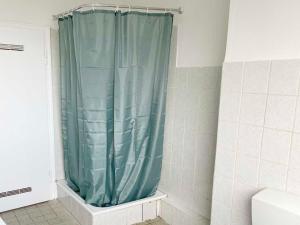 een douche met een groen douchegordijn in de badkamer bij Apartment with 3 rooms in Hürth in Hürth