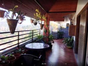 a balcony with a table and some potted plants at Coorg North Breeze Homestay in Madikeri