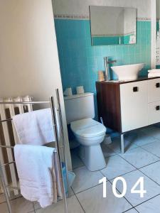 La salle de bains est pourvue de toilettes, d'un lavabo et d'un miroir. dans l'établissement Hotel De La Plage, à Valras-Plage