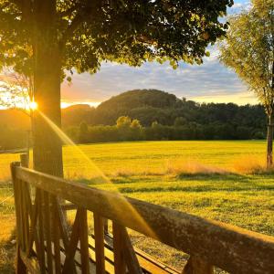 a wooden bench sitting in front of a field at Penzion Na Stodolci in Chřibská