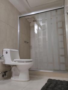 a bathroom with a white toilet and a shower at Apartamento a la orilla de la playa en Pampatar, Isla de Margarita in Pampatar