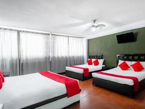 1 dormitorio con 2 camas y almohadas rojas en Hotel Halley en León