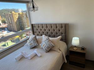 a bedroom with a bed with a large window at Galardon AyC in Concepción