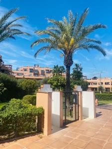 a gate with a palm tree in front of a building at Casares del Sol Apartment in Casares