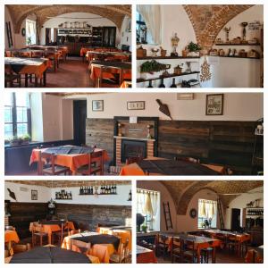 a collage of photos of a restaurant with tables and chairs at Fattoria Roico Funny Ranch in Montiglio