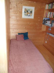a small bedroom with a bed in a wooden room at Ferienwohnung Haus Bord in Sankt Antönien