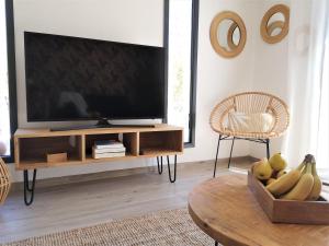 a living room with a flat screen tv on a table at Bienvenue à La Petite Virette in Saint-Rémy-de-Provence