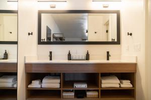 a bathroom with a sink and a large mirror at High Creek Lodge and Cabins in Pagosa Springs +37 photos