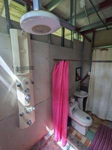 a bathroom with a pink shower curtain and a toilet at Ecobosque el mar in Rancho Quemado