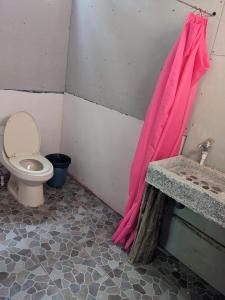 a bathroom with a toilet and a pink towel at Ecobosque el mar in Rancho Quemado