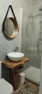 a bathroom with a sink and a toilet and a mirror at Casa Lameiro Redondela in Redondela
