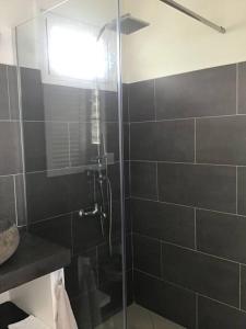 La salle de bains est pourvue d'une douche avec une porte en verre. dans l'établissement Pkbleucoco, à Opoa