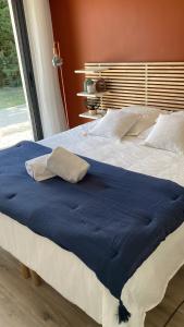 a large bed with a blue blanket on it at Bienvenue à La Petite Virette in Saint-Rémy-de-Provence