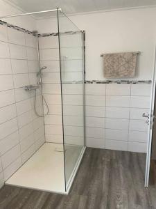 ein Bad mit einer Dusche und einer Glastür in der Unterkunft Auf dem Land und doch ganz nah (EG) in Krölpa
