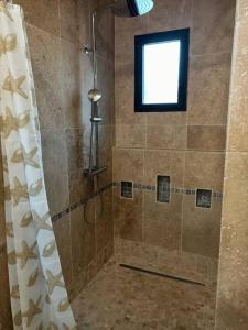 a bathroom with a shower with a window at T3 refait à neuf, patio, wifi et plage in Arcachon