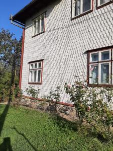 a house with two windows and a bush in front of it at Rivr House Bucovina in Câmpulung Moldovenesc