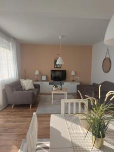 a living room with a couch and a tv at Apartment Sneshka in Ohrid