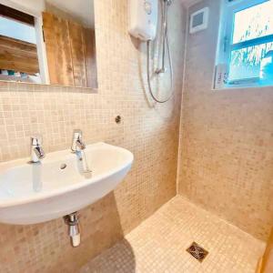 a bathroom with a sink and a shower at The Nutshell in West Mersea