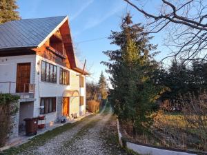 una casa en un camino de tierra junto a una valla en Pensiunea Paradis, en Borobăneşti