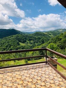 einen Balkon mit Blick auf ein grünes Tal in der Unterkunft Cabana Refugiu Montan in Băişoara
