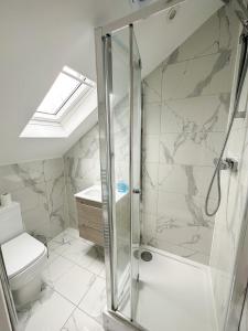 a bathroom with a shower and a toilet at 2b Seymour road in Hackbridge