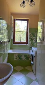 baño con lavabo y aseo y ventana en Uroczy dom Wszebory 