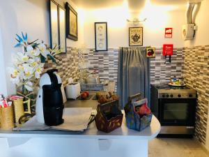 - une cuisine avec un comptoir, une cuisinière et un comptoir dans l'établissement Pé do Castelo Casinha, à Tomar