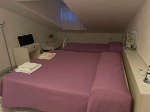 a large purple bed in a small room at La Mansarda in Biancareddu