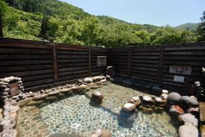 un patio trasero con una piscina de agua con montañas al fondo en Nakaya Ryokan, en Minakami