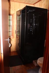 een zwarte douche in een badkamer met een toilet bij Bush break @ 3990 Marloth Park in Marloth Park