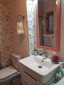 uma casa de banho com um lavatório, um WC e um espelho. em Sunny Bay House em Kotor