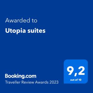 Utopia suites tesisinde sergilenen bir sertifika, ödül, işaret veya başka bir belge