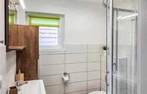 y baño con ducha, aseo y lavamanos. en Nice Home In Heidesee With House Sea View, en Heidesee