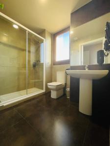 een badkamer met een wastafel, een toilet en een douche bij APARTAMENTOS RioMonte 2 - DeLuxe in Boltaña