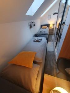 twee bedden in een kleine kamer met een dakraam bij Ferienwohnung - Nachtigall in Bad Hersfeld