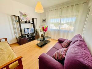 ein Wohnzimmer mit einem lila Sofa und einem TV in der Unterkunft Apartamento Maria Fernanda, in the Centre of Luz in Luz