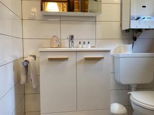 a white bathroom with a toilet and a sink at Cozy holiday home on a horse farm in the Lüneburg Heath in Eschede