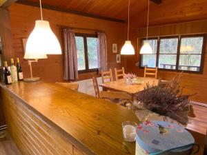 cocina y comedor con una gran mesa de madera en Cozy holiday home on a horse farm in the Lüneburg Heath, en Eschede