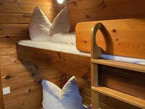 a room with two bunk beds with pillows at Cozy holiday home on a horse farm in the Lüneburg Heath in Eschede