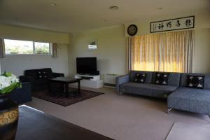 a living room with two couches and a television at Aww Sheep-Uninterrupted Panoramic View with Spa in Rotorua