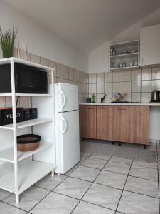 cocina con nevera blanca y microondas en Apartments and rooms with parking space Zavala, Hvar - 128, en Jelsa